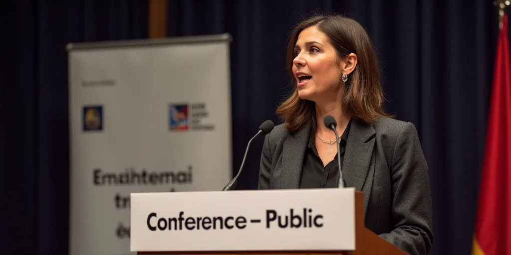 a woman standing at a podium with a microphone in front of her and a sign behind her that says confe