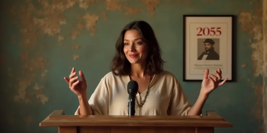 a woman standing at a podium with a microphone in front of her and a poster behind her that says 205