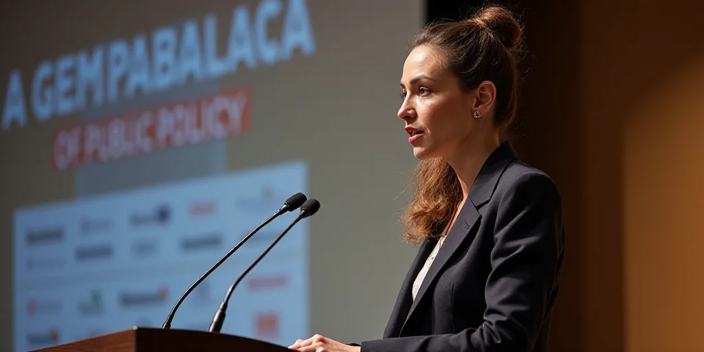 a woman standing at a podium with a microphone in front of her and a sign behind her that says confe