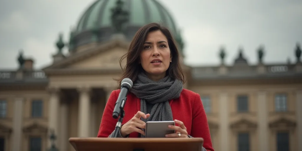 a woman standing at a podium with a microphone in her hand and a microphone in her other hand, in fr