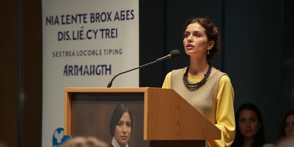 a woman standing at a podium with a microphone in front of her and a sign behind her that says confe