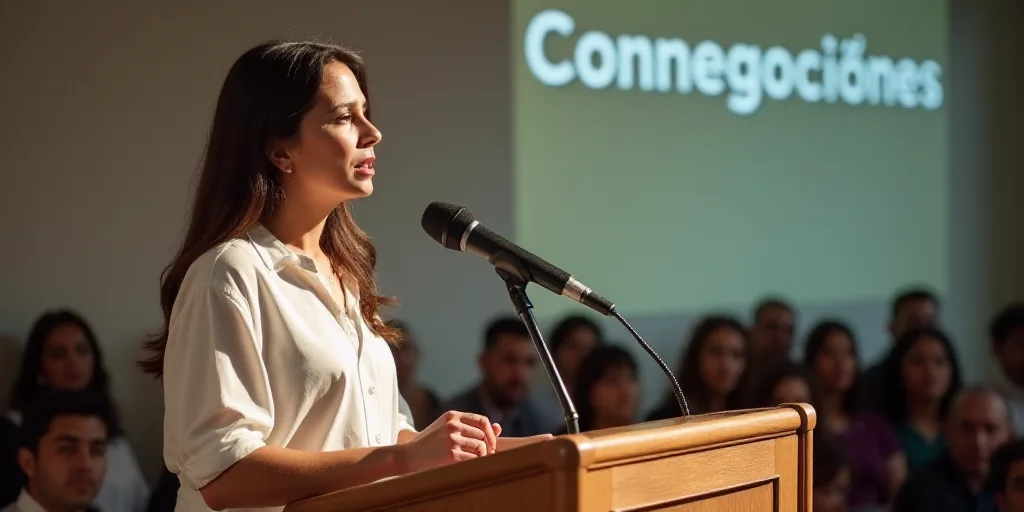 a woman standing at a podium with a microphone in front of her and a sign behind her that says conne