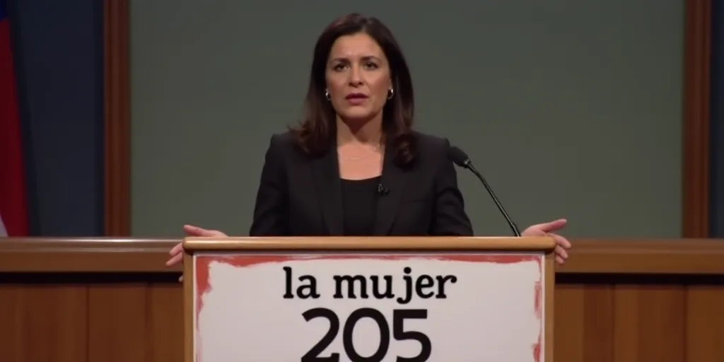 a woman standing at a podium with a microphone in front of her and a sign behind her that says 205 a