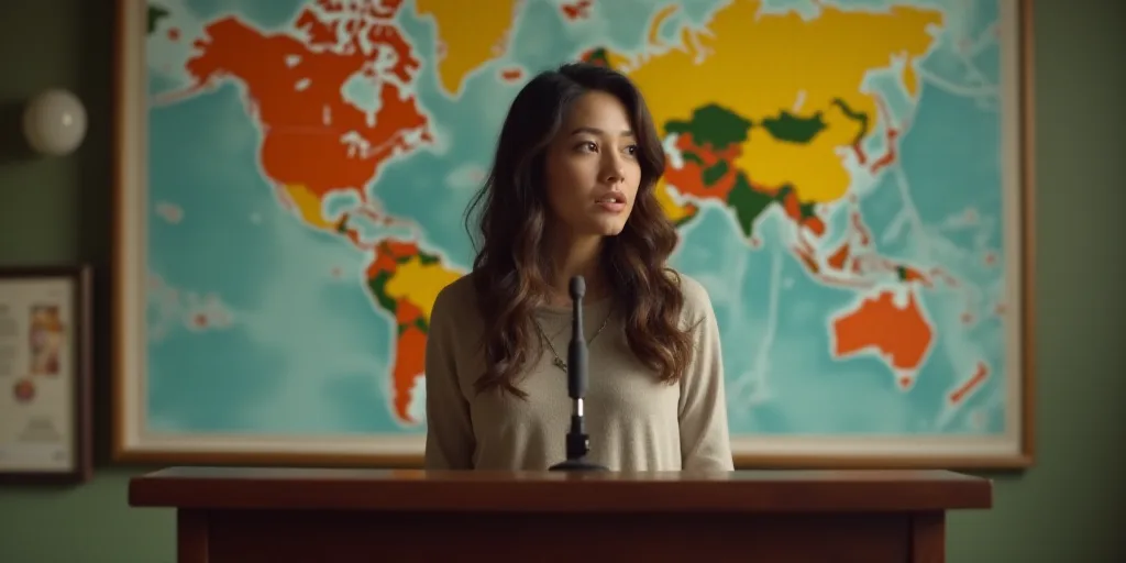 a woman standing at a podium with a microphone in front of her and a map behind her on a wall, Arace