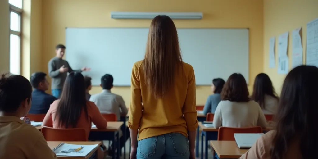 a woman standing in front of a class room full of people sitting at desks and standing up in front o