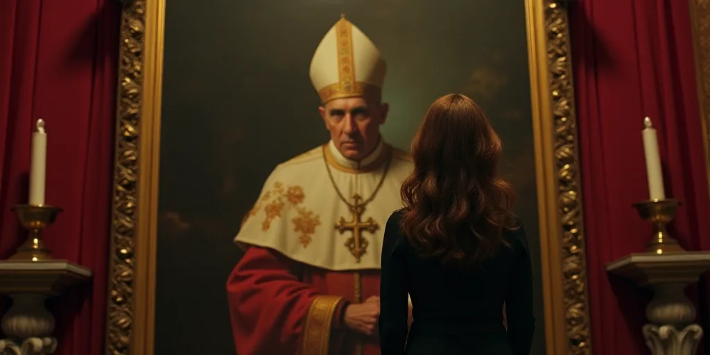 a woman standing in front of a picture of a pope in a church with a red curtain and a picture of a p