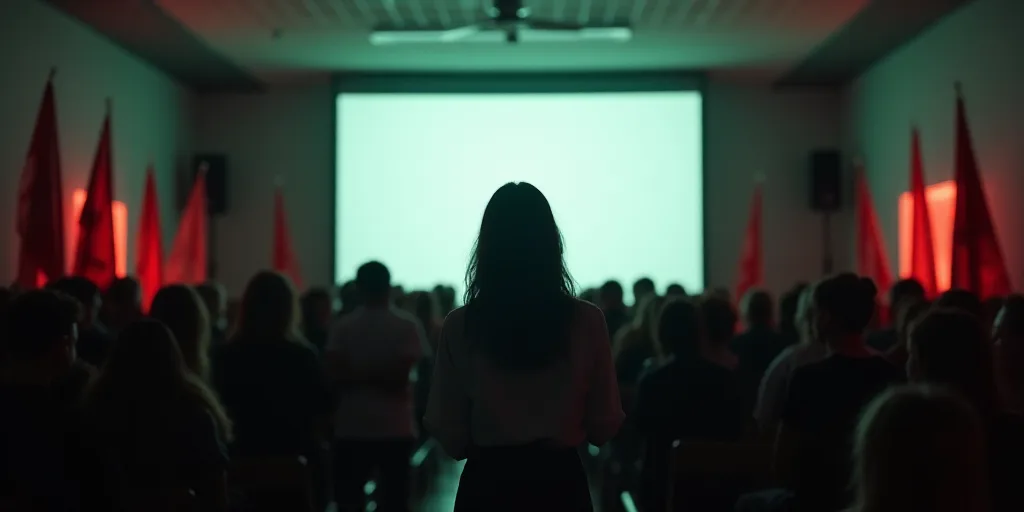 a woman standing in front of a projection screen in front of a crowd of people in a room with flags,