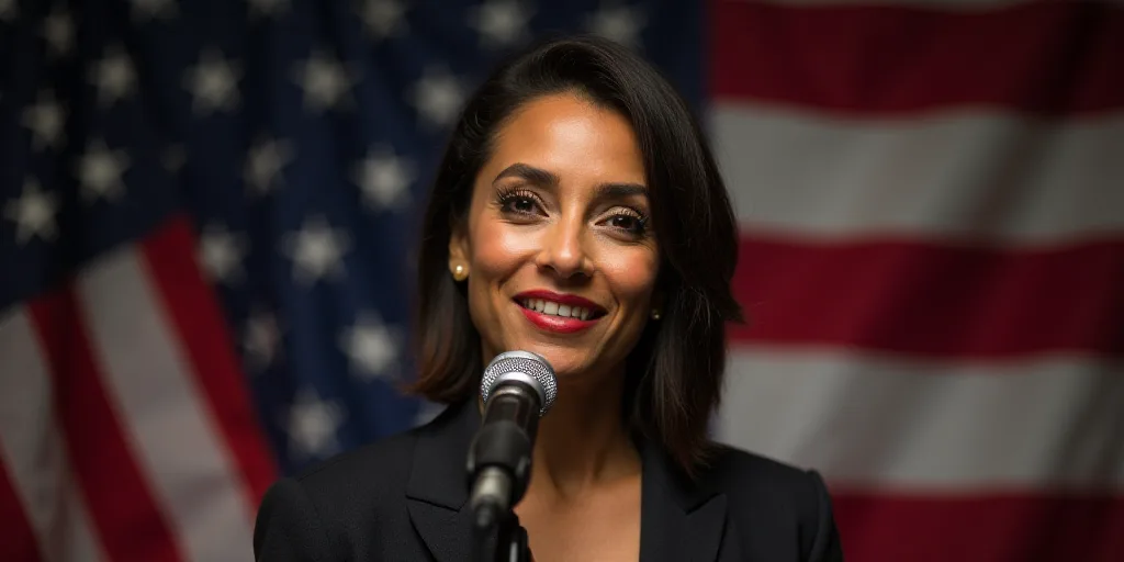 a woman standing in front of a microphone in front of a flag backdrop and a microphone in front of h