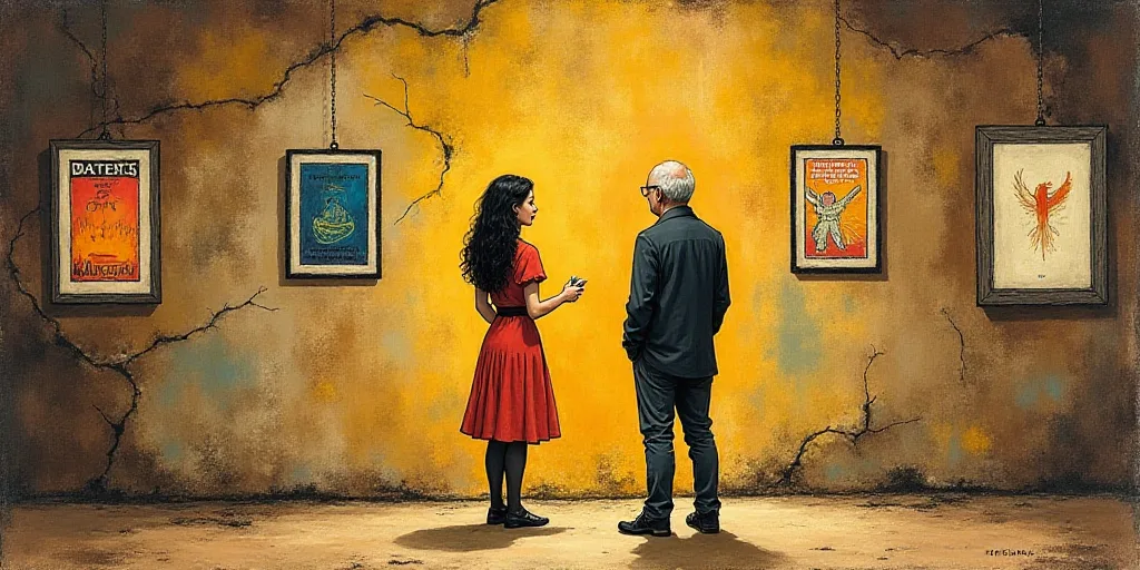 a woman standing in front of a wall with posters on it and a man standing next to her looking at the