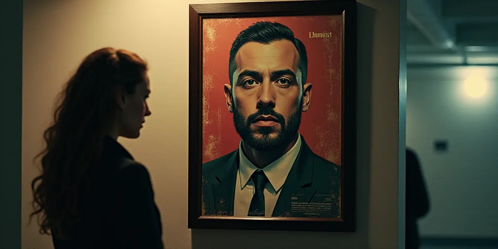 a woman standing next to a poster with a picture of a man on it and another man with a beard, Aracel