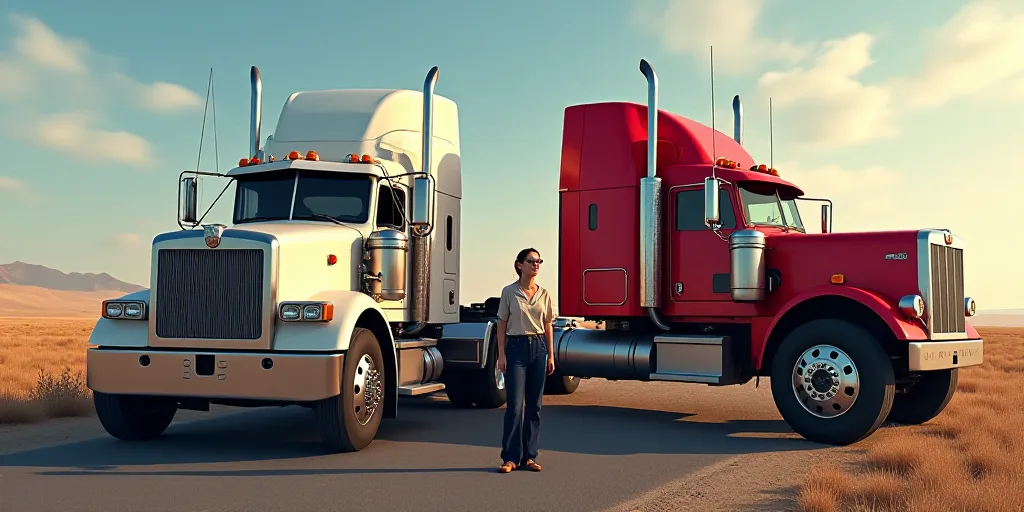 a woman standing next to a white truck and a red truck and a black truck and a red truck, Doug Ohlso