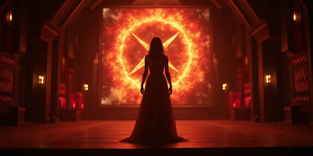 a woman standing on a stage in front of a sign that says avatar fire and ash only in theater decembe