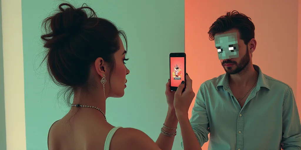 a woman taking a picture of herself with her phone and a man with a pixelated face on his phone, Ara