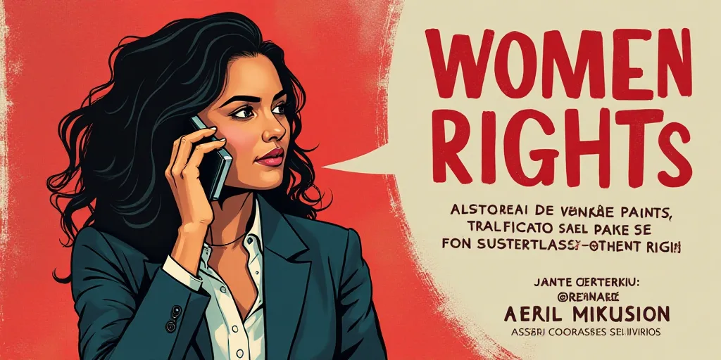 a woman talking on a cell phone in front of a poster for a seminar on women's rights, Amelia Peláez