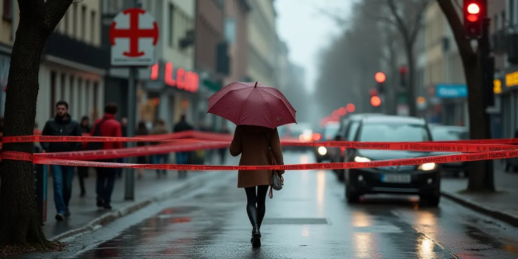 a woman walking past a red caution line with an umbrella over her head and a red caution tape across