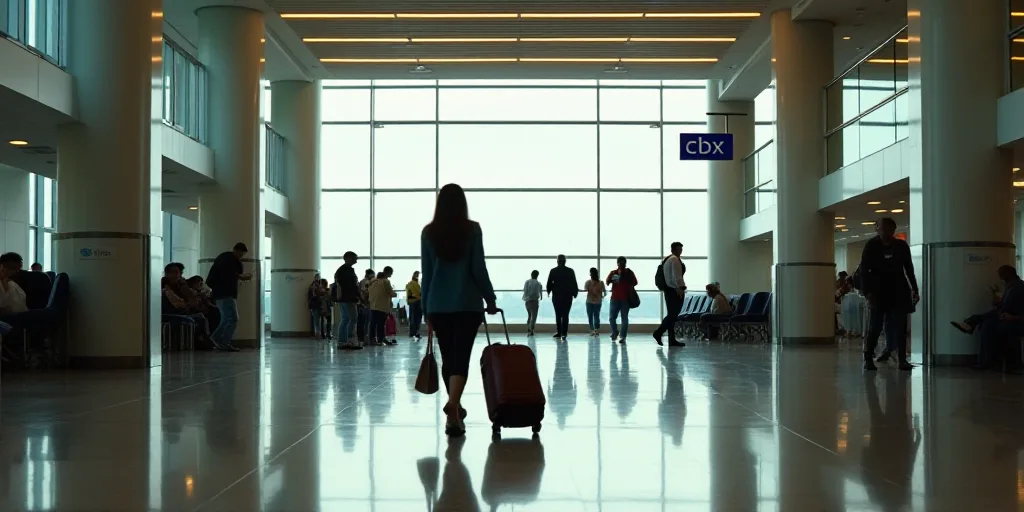 a woman walking with her luggage through an airport lobby with a sign that says cbx on it and people