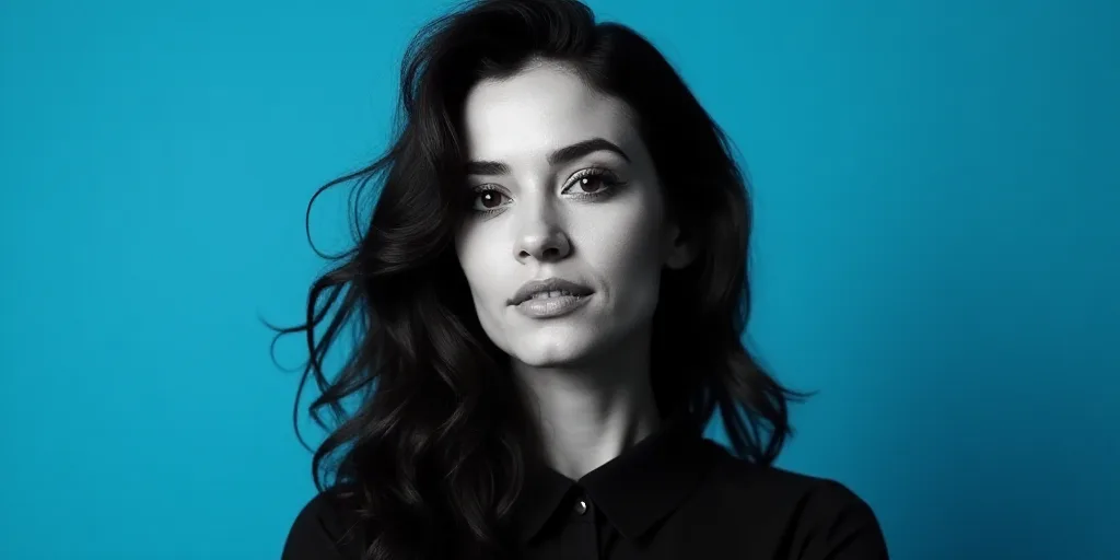 a woman with a black shirt and a blue background with a black and white photo of her face and the wo
