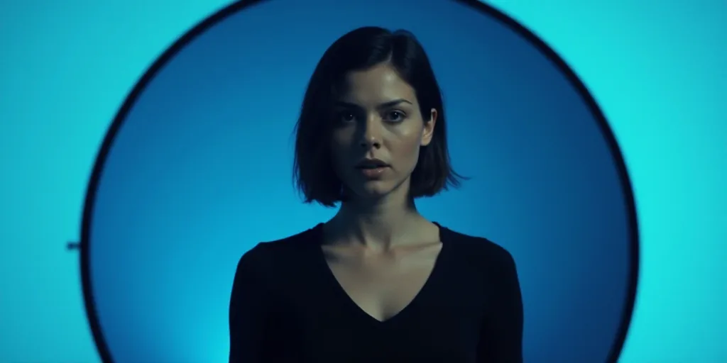 a woman with a black top and blue background with the words opinion and a black circle with a blue b