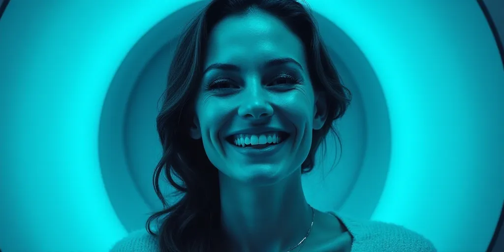 a woman with a blue background and a black and white photo of her is smiling and has a blue circle a