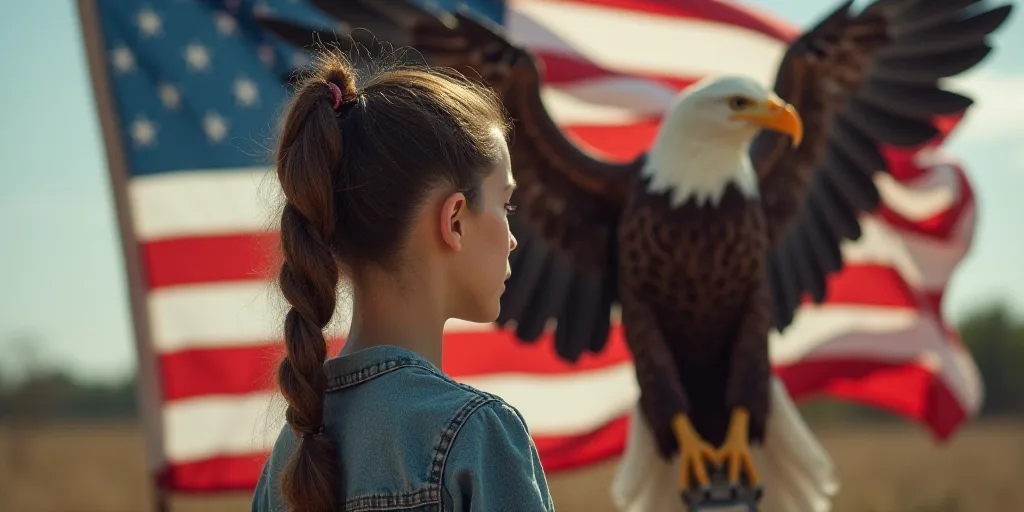 a woman with a ponytail and a balding head is standing in front of a flag and a bald eagle, Eva Gonz