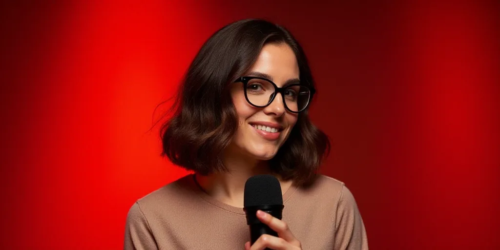 a woman with glasses holding a microphone in front of a red background with a red wall behind her an