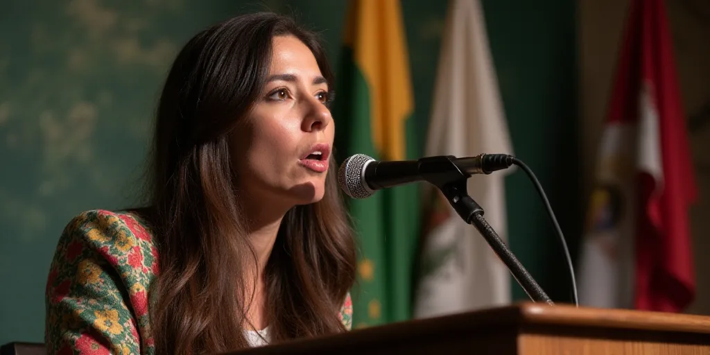 a woman with long hair speaking into a microphone at a podium with a microphone in front of her and