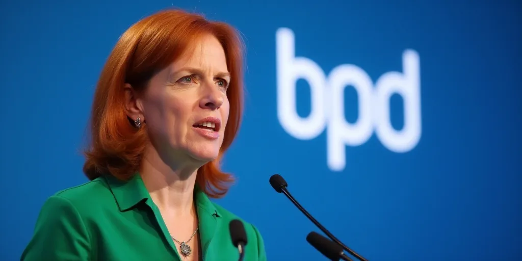 a woman with red hair and a green shirt is talking into a microphone with a blue background and a lo