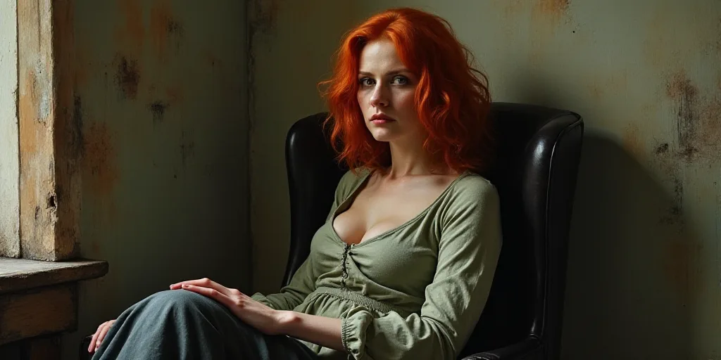 a woman with red hair is sitting in a chair and looking off to the side with a serious look on her f
