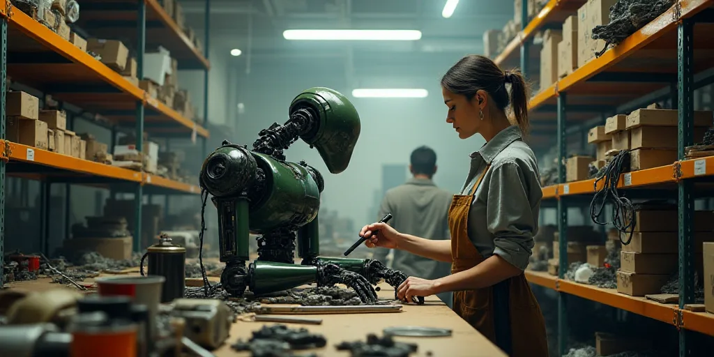 a woman working in a factory with lots of shelves and tools on the shelves and people in the backgro