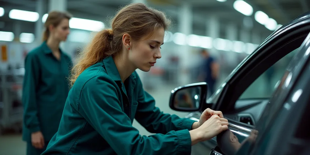 a woman working on a car in a factory with another woman working on the car in the background and an