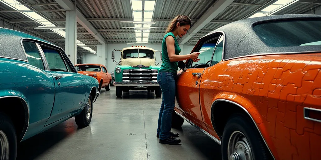 a woman working on a car in a factory with a truck in the background and a car being worked on, Brad