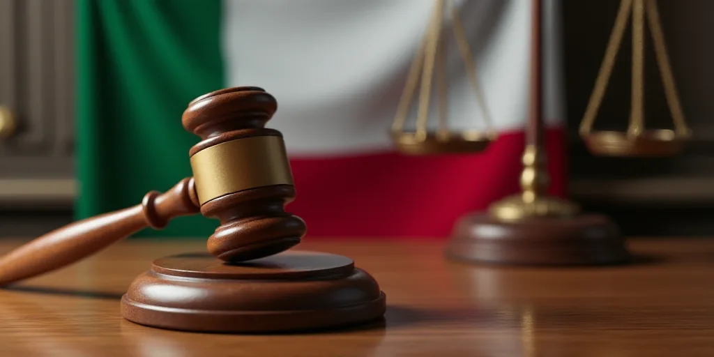 a wooden judge's gavel in front of a flag of italy and a wooden table with a flag, Avgust Černigoj,