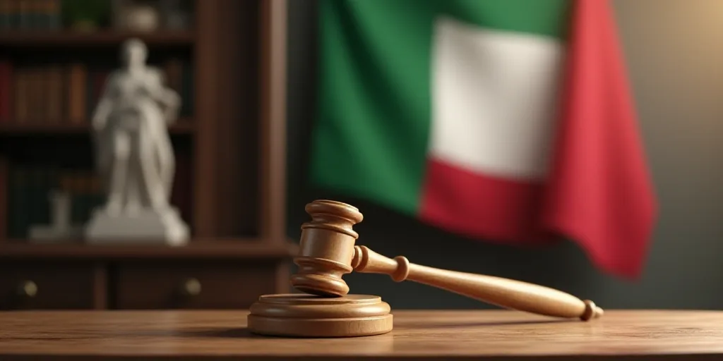 a wooden judge's gavel in front of a flag of italy and a wooden table with a flag, Avgust Černigoj,