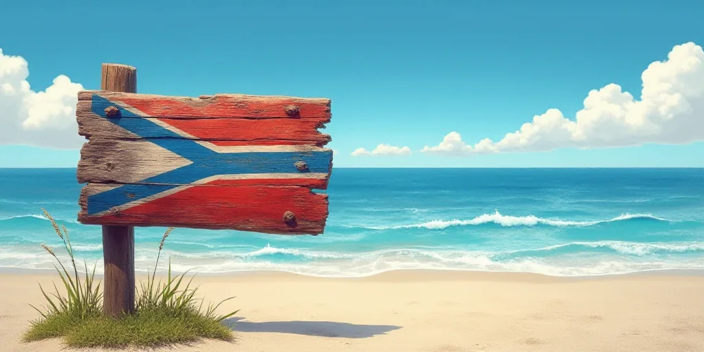 a wooden sign with a flag painted on it in front of a beach and sky background with clouds in the sk