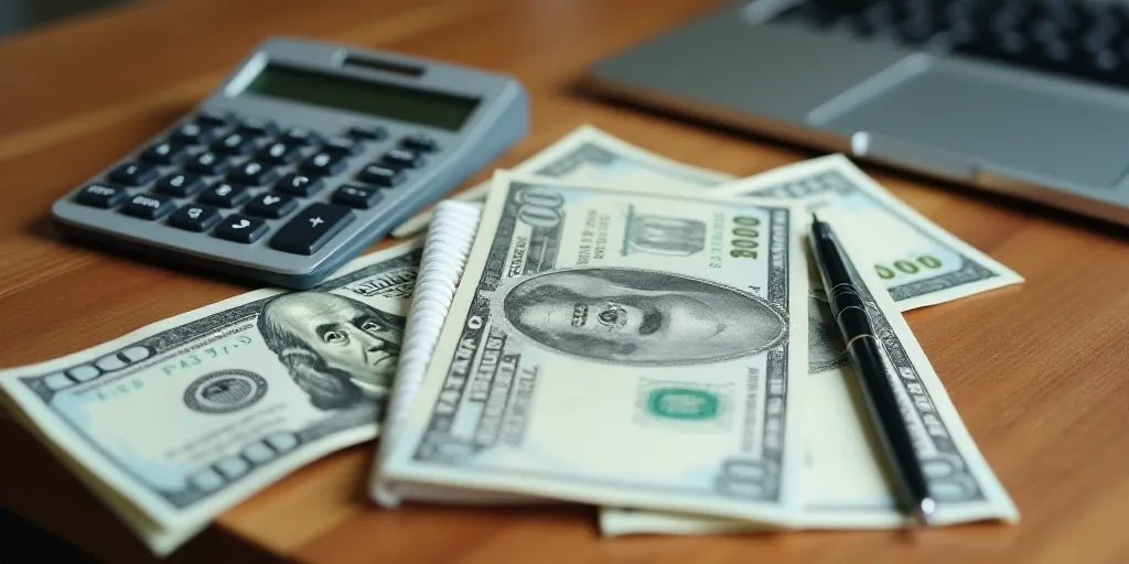 a wooden table topped with lots of money and a calculator next to a notebook and pen on top of it, A
