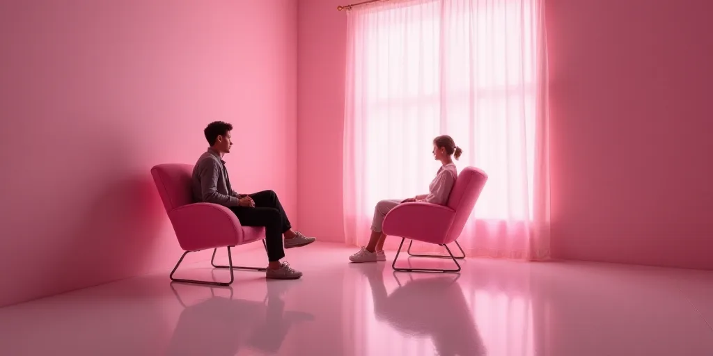 a young man sitting on a pink chair looking out a window at the outside of the room with a pink chai