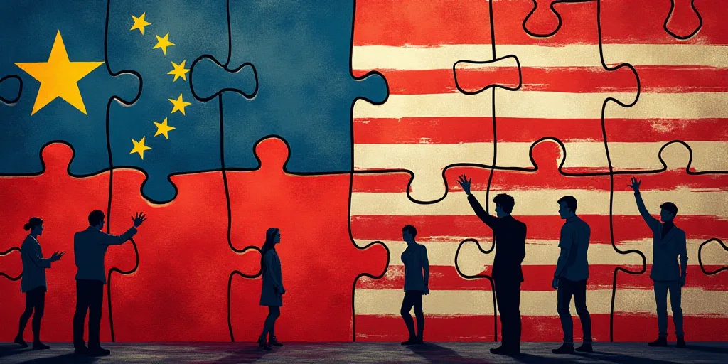 people are putting a puzzle piece together to make a flag of china and the american flag on a puzzle