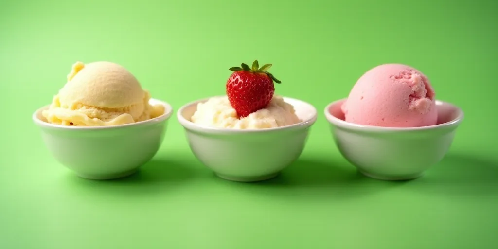 three bowls of ice cream on a green background with a strawberry in the middle of the bowls and a st