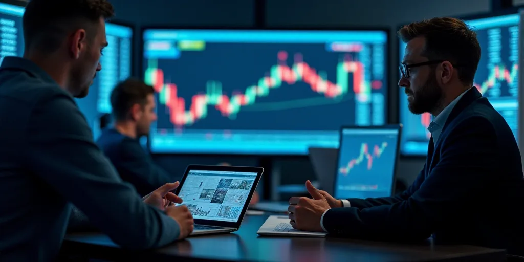 three men in a trading room looking at a tablet computer screen and a tablet pc screen with a stock