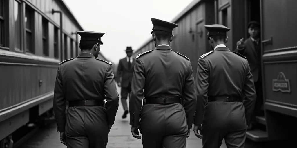 three men in military uniforms walking towards a train car with a man in a suit and tie on the side,