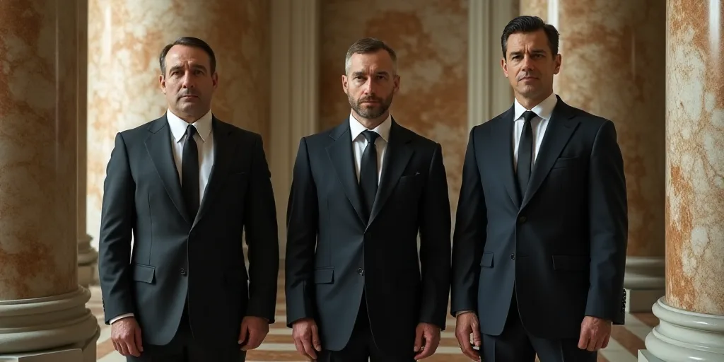 three men in suits are standing together in a room with marble walls and a marble floor and a marble