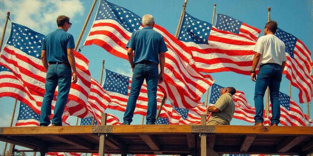 three men standing on a scaffolding with american flags in the background and a camera in the foregr