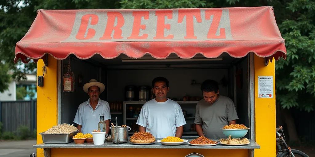 three people standing behind a food stand with food on it's sides and signs above them that read,, C