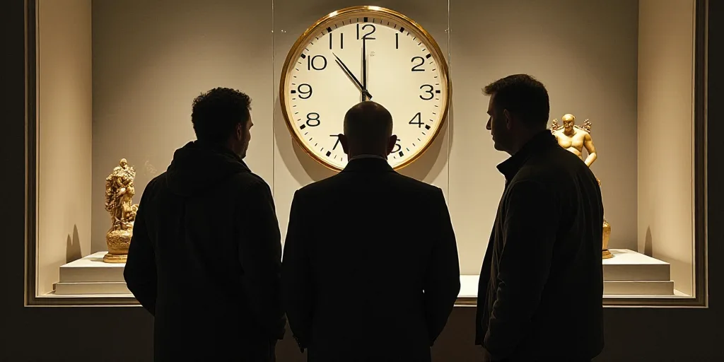three people standing in front of a glass display case with a clock on it's wall and a sign that say