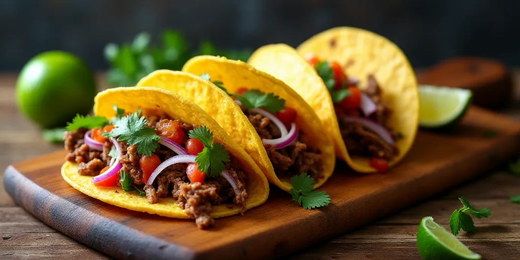three tacos with meat, onions, and salsa on a cutting board with limes and limes, Estuardo Maldonado