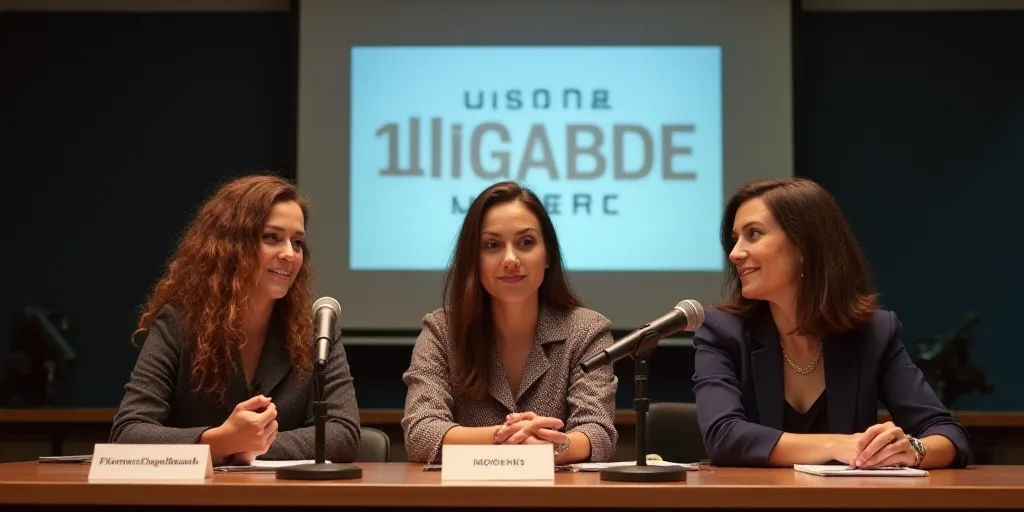 three women sitting at a table with microphones in front of them and a screen behind them with a sig