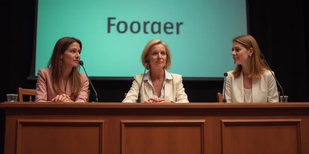 three women sitting at a table with microphones in front of them and a screen behind them with a sig
