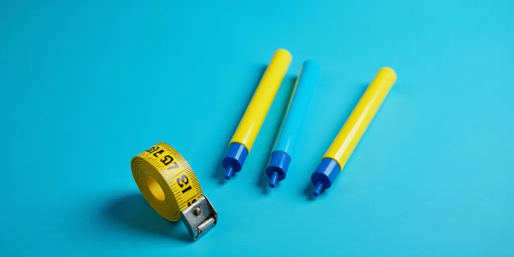 two blue and yellow markers and a measuring tape on a blue background with a blue background and a b