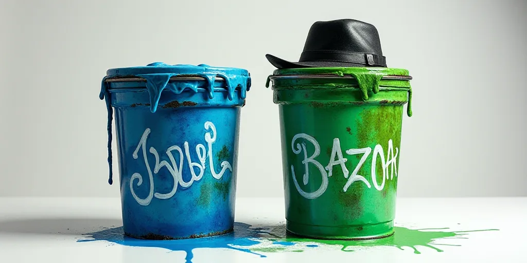 two containers with blue and green frosting on them with graffiti on them and a hat on top of one, D