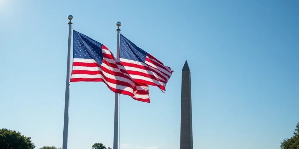 two flags are flying in the air next to a flag pole and a monument in the background with a blue sky